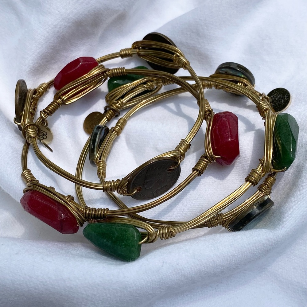 Bourbon and Boweties Set of 4 Brass & Stone Bracelets Gold Red and Green Boho